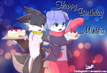 anthro birthday birthday_cake blush cake clothing collar countershading cutlery dessert dish duo female food fork fruit heart_symbol kitchen_utensils male plant scarf smile strawberry text tools senz mint_(mintea) sean_(senz) canid canine canis domestic_dog iradeon mammal 2016 hi_res url