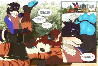 4_toes anthro big_muscles big_pecs black_bottomwear black_clothing black_hair black_nipples black_shorts blue_pawpads blush bodily_fluids body_hair bottomwear brown_hair chest_hair claws clothing countershade_torso countershading dialogue duo feet foot_fetish foot_on_face fur glistening glistening_pawpads hair hairy happy_trail holding_leg humanoid_feet male muscular muscular_male nipples orange_body orange_fur pawpads pecs pink_clothing pink_shirt pink_tank_top pink_topwear plantigrade plantigrade_pawpads purple_body purple_fur shirt shirtless shirtless_male shorts size_difference striped_body striped_fur stripes sweat tank_top text toe_claws toes topwear unknown_artist hyena mammal procyonid raccoon english_text source_request