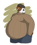 anthro belly bent_arm beret big_belly black_beret black_eyes black_nose blue_bottomwear blue_clothing blue_pants bottomwear brown_body brown_clothing brown_fur brown_sweater brown_tail brown_topwear clothing floppy_ears fur hand_in_pocket hat headgear headwear male male_anthro moobs mouth_closed multicolored_body multicolored_fur obese obese_anthro obese_male overweight overweight_anthro overweight_male pants pockets simple_background solo standing sweater tail thick_thighs topwear two_tone_body two_tone_fur white_background white_body white_fur theannoyingnpc bulldog canid canine canis domestic_dog mammal mastiff molosser 2017 colored digital_drawing_(artwork) digital_media_(artwork) hi_res shaded simple_shading