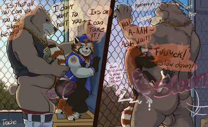 against_fence against_surface against_wall alley alley_sex anal anal_orgasm anal_penetration anthro anthro_on_anthro anthro_penetrated anthro_penetrating anthro_penetrating_anthro aroused aroused_by_another aroused_face aroused_male aroused_smile back_muscles backsack backwards_baseball_cap backwards_cap backwards_hat balls barazoku baseball_cap biceps big_muscles black_clothing black_eyes black_jacket black_shirt black_tank_top black_topwear blue_baseball_cap blue_bottomwear blue_clothing blue_eyes blue_hat blue_headwear blue_jeans blue_pants bodily_fluids bottomless bottomless_anthro bottomless_male bottomwear bottomwear_around_legs bottomwear_down breath brown_body brown_fur butt chain chain_jewelry chain_necklace claws clothed clothed_sex clothing clothing_around_legs cum cum_drip cum_from_ass cum_from_penis cum_in_ass cum_inside cum_on_another cum_on_another's_butt cum_on_butt cum_on_own_penis cum_on_partner cum_on_partner's_butt cum_on_penis cum_on_self cum_spurt cumming_from_anal_sex cumming_from_penetration cumming_while_penetrating cumshot cumshot_in_ass denim denim_bottomwear denim_clothing dialogue dominant dominant_anthro dominant_male domination/submission dripping duo ejaculating_on_another ejaculating_on_self ejaculating_while_penetrating ejaculation ejaculation_while_penetrating erection fence flirting flirting_look from_behind_position from_front_position fur genital_fluids genitals gold_(metal) gold_jewelry gold_necklace hands-free hat headgear headwear humping internal internal_anal jacket jeans jewelry jock larger_anthro larger_dom larger_male letterman_jacket looking_pleasured male male/male male_penetrated male_penetrating male_penetrating_male manhandling manly markings moan muscular muscular_anthro muscular_arms muscular_male muscular_thighs necklace nude nude_anthro nude_male orgasm outside outside_sex panting pants pants_around_legs pants_down partially_clothed partially_clothed_anthro partially_clothed_male penetration penile penile_penetration penis penis_in_ass pinned pinned_to_wall plant pounding_ass profanity public public_nudity public_sex rear_view red_body red_clothing red_fur red_underwear rough_sex roughhousing sex shadow shirt side_view size_difference smaller_anthro smaller_male smaller_penetrated standing standing_sex striped_body striped_fur striped_markings striped_tail stripes submissive submissive_anthro submissive_male sunset sweat sweatdrop sweaty_arms sweaty_back sweaty_body sweaty_face tail tail_grab tail_markings tank_top taunting taunting_partner teasing teasing_partner text thick_arms thick_thighs thrusting thrusting_forward topwear tough_guy tree underwear vein veiny_penis white_body white_clothing white_fur white_jacket white_topwear tracho mihoyo zenless_zone_zero ben_bigger ailurid bear mammal red_panda ursine absurd_res english_text hi_res