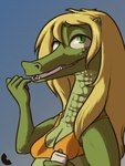 4_fingers anthro beverage_can blonde_hair bra breasts can clothing container countershade_body eyebrows eyelashes female finger_on_lip fingers freckled_face freckles gradient_background green_body green_eyes green_scales hair holding_can holding_container holding_object long_hair long_snout looking_up non-mammal_breasts open_mouth orange_bra orange_clothing orange_underwear pupils scales simple_background slit_pupils snout solo teeth_showing three-quarter_view underwear conditional_dnp tangerine_(artist) monstro_village caimon alligator alligatorid crocodilian reptile scalie 2025 3:4 bust_portrait colored digital_drawing_(artwork) digital_media_(artwork) hi_res portrait