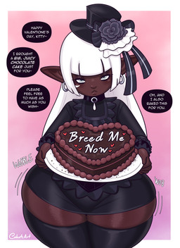 5_fingers black_clothing black_dress black_hat black_headwear black_legwear black_thigh_highs breed brown_body brown_skin cake clothing corsage dark_body dark_skin dessert dialogue dress ear_piercing ear_ring eyelashes female fingers food grey_eyes hair hat headgear headwear heart_symbol holding_cake holding_food holding_object holidays humanoid_pointy_ears legwear long_hair looking_at_viewer pear-shaped_figure piercing pointy_ears ring_piercing solo text thigh_highs tilde_after_text white_eyes white_hair wide_hips cobatsart final_fantasy final_fantasy_xiv square_enix valentine's_day mary_muffin humanoid lalafell 2026 english_text hi_res signature