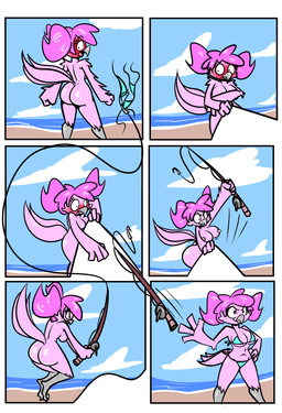 anthro assisted_exposure beach big_breasts big_butt bikini blush breaking_the_fourth_wall breasts butt clothing embarrassed female fishing_rod humor navel nipples non-mammal_breasts non-mammal_navel non-mammal_nipples nude outside scuted_legs scutes swimwear thick_thighs two-piece_swimsuit wide_hips y_shaped_butt_crack birbpan senftember2025 jessi_(birbpan) avian bird absurd_res comic hi_res