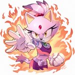 anthro breasts clenched_teeth clothing dipstick_tail eyelashes female fire forehead_gem fur gem gloves handwear looking_at_viewer markings midriff purple_body purple_fur solo tail tail_markings teeth white_body white_fur yellow_eyes nikkikaji dc_comics sega sonic_the_hedgehog_(series) teen_titans blaze_the_cat starfire_(teen_titans) domestic_cat felid feline felis mammal absurd_res hi_res