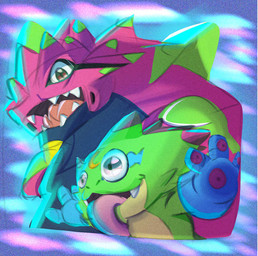 anthro duo evolutionary_family green_body long_tongue male open_mouth pink_body sharp_teeth teeth tongue darkstar9212 bandai_namco digimon digimon_beatbreak armalizamon digimon_(species) gekkomon scalie