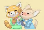 anthro clothing daww duo female fur simple_background dvdfu karzahnii aggretsuko sanrio fenneko retsuko ailurid canid canine fennec_fox fox mammal red_panda true_fox 2018 digital_media_(artwork) hi_res