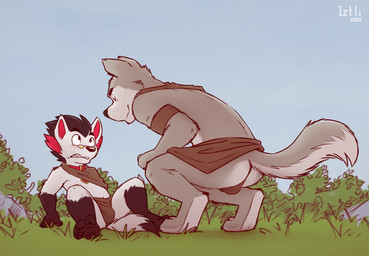 4_toes age_difference anthro barefoot black_claws black_eyebrows black_eyes black_hair black_markings black_nose black_tail_tip blue_sky blush blush_lines bottomwear brown_bottomwear brown_cape brown_clothing brown_loincloth bulge butt cape claws clenched_teeth closed_smile clothed clothed_anthro clothed_male clothing collar collar_tag countershade_butt countershade_face countershade_feet countershade_fur countershade_tail countershade_torso countershading crouching day dipstick_tail duo eye_contact eyebrows eyewear feet finger_claws fingers fur glasses gloves_(marking) grass grey_body grey_ears grey_fur grey_tail hair intimidation larger_male leaning leaning_backward leg_markings loincloth looking_at_another male male/male male_anthro markings monotone_bottomwear monotone_cape monotone_clothing monotone_loincloth mouth_closed multicolored_body multicolored_fur multicolored_hair multicolored_tail nervous older_male on_grass on_ground outside pink_blush plant red_collar red_hair red_inner_ear short_hair shrub sitting sitting_on_grass sitting_on_ground size_difference sky smaller_male smile smirk snout socks_(marking) tail tail_markings teeth text tinted_glasses toe_claws toes topless topless_anthro topless_male tribal tribal_clothing two_tone_body two_tone_fur two_tone_hair two_tone_tail wearing_glasses white_body white_butt white_countershading white_ears white_fur white_sclera white_tail white_text wide_eyed yellow_eyewear yellow_glasses young young_anthro young_male younger_male iztli mystery_skulls mystery_(mystery_skulls) canid canine canis domestic_dog mammal wolf 2020 artist_name dated digital_media_(artwork) hi_res