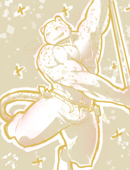 anthro bodily_fluids clothed clothing dancing holding_fixture male muscular muscular_anthro muscular_male pole pole_dancing smile solo stripper_pole sweat unzipped zipper dona908 felid mammal hi_res