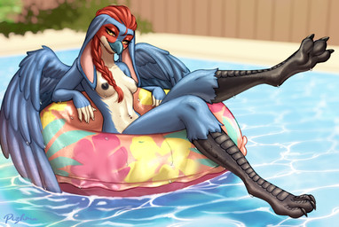 anthro areola beak black_nipples blue_body braided_hair braided_ponytail breasts claws dripping dripping_wet feathers feet female hair inflatable long_ears medium_breasts navel navel_piercing nipples non-mammal_breasts non-mammal_navel non-mammal_nipples nude nude_anthro nude_female piercing ponytail pool_ring rabbit_ears red_hair scuted_legs scutes solo swimming_pool talons toes water wet white_body wings yellow_ears pizhma charlie_wilder avian bird bluebird domestic_rabbit english_lop hybrid lagomorph leporid lop_rabbit mammal oryctolagus oscine passerine rabbit thrush_(bird) hi_res nonbinary_(lore)