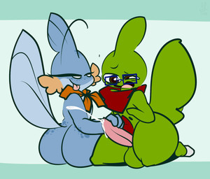 ahoge anthro anthro_on_anthro big_butt big_penis blue_body blue_eyewear blue_glasses blue_scales blue_spots blush bodily_fluids brown_eyes butt cheek_fins claws cum cum_drip cum_on_penis cumshot dripping duo ejaculation erection eyebrows eyewear female fin freckles genital_fluids genitals glasses green_background green_body green_scales hair half-closed_eyes handjob head_fin holding_penis interspecies kerchief kneeling looking_at_another looking_down looking_pleasured male male/female markings narrowed_eyes orange_body orange_cheeks orange_kerchief orange_scales orgasm pattern_background penile penis pink_penis raised_eyebrow red_body red_kerchief red_scales scales sex simple_background sitting smile spots spotted_body spotted_scales striped_background tail tail_fin tapering_penis thick_thighs toe_claws tongue tongue_out thefablednekos nintendo pokemon jay_(thefablednekos) mabel_(thefablednekos) generation_2_pokemon generation_3_pokemon larvitar mudkip pokemon_(species) 2020 digital_media_(artwork) hi_res