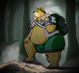 anthro backpack beer_gut belly big_belly eyewear fur goggles male overweight overweight_anthro overweight_male solo standing neosavias bear mammal