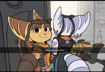 anthro belt clothing cybernetic_arm cybernetic_limb duo ear_piercing ear_ring eyebrows eyewear eyewear_on_head female fluffy fluffy_tail fur gloves goggles goggles_on_head handwear male markings piercing ring_(marking) ring_piercing ringed_tail scarf smile striped_body striped_fur striped_markings striped_tail stripes tail tail_markings white_body white_fur yellow_body yellow_fur time_fluffy500 he_wants_to_order ratchet_and_clank sony_corporation sony_interactive_entertainment ratchet_(ratchet_and_clank) rivet_(ratchet_and_clank) lombax mammal 2025 meme