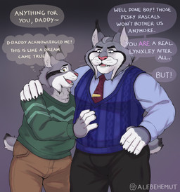 age_difference anthro black_body black_fur blue_eyes bodily_fluids bottomwear bulge clothing daddy_kink dialogue duo facial_hair fur grey_body grey_fur hands_on_hips hands_on_shoulders happy male male/male mature_male musclegut muscular mustache necktie older_male overweight overweight_anthro overweight_male pants shirt simple_background smile speech_bubble standing sweater tail tears text topwear white_body white_fur wrinkles yellow_eyes younger_male alebehemut disney zootopia milton_lynxley pawbert_lynxley canada_lynx felid feline lynx mammal english_text hi_res father_(lore) father_and_child_(lore) father_and_son_(lore) incest_(lore) parent_(lore) parent_and_child_(lore) parent_and_son_(lore) son_(lore)