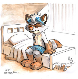 anthro blue_bottomwear blue_clothing blue_underwear bottomwear boxer_briefs boxers_(clothing) brown_body brown_fur clothed clothing eyes_closed fur gloves_(marking) grey_body grey_fur grey_hair hair inside leg_markings logo male markings mouth_closed short_hair sitting socks_(marking) solo striped_markings striped_tail stripes tail tail_markings tan_body tan_fur teeth topless underwear young young_anthro young_male pandapaco mammal procyonid raccoon 2017 artist_logo dated signature