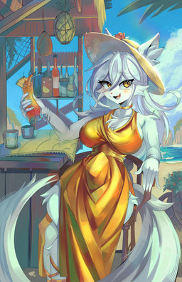 5_fingers bar_counter beach beverage big_breasts blush bottle bracelet breasts chair cheek_tuft chest_tuft clothed clothing container counter cute_fangs detailed_background eyebrow_through_hair eyebrows eyelashes facial_tuft fangs female fingers footwear fully_clothed fur furniture glass gold_dress hair hat headgear headwear holding_beverage holding_glass holding_object jewelry long_hair long_tail looking_at_viewer open_mouth open_smile outside palm_tree plant sand shoes sitting small_waist smile solo sun_hat tail teeth translucent translucent_hair tree tuft water white_body white_fur white_hair white_tail wide_hips yellow_eyes psibunny domestic_cat felid feline felis mammal 2025 absurd_res hi_res
