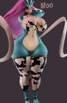 3d_(artwork) animal_print anthro anthrofied biped blue_body bottomless breasts cleavage clothed clothing cow_print digital_media_(artwork) female front_view generation_2_pokemon genitals grey_background hair hi_res legendary_pokemon legwear looking_at_viewer navel nintendo pokemon pokemon_(species) pokemorph pupils purple_hair pussy simple_background standing suicune text thick_thighs thigh_highs white_body xlkev