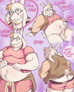 aged_up anthro balls beard bedroom_eyes belly belt biceps blonde_hair bottomless bottomwear butt clothed clothing clothing_lift exposed_belly eyebrows eyewear facial_hair floppy_ears fully_clothed fur genitals glasses hair hand_on_belly horn hotpants jacket jacket_around_waist letterman_jacket looking_at_viewer male moobs musclegut muscular narrowed_eyes navel overweight overweight_anthro overweight_male partially_clothed penis pink_bottomwear pink_clothing pink_penis pink_shirt pink_shorts pink_topwear rectangular_glasses seductive shirt shirt_lift shorts sitting solo standing tail text thick_thighs topwear undersized_bottomwear undersized_clothing white_balls white_belly white_body white_fur mikrogoat undertale undertale_(series) asriel_dreemurr boss_monster_(undertale) bovid caprine mammal 4:5 absurd_res english_text hi_res multiple_scenes