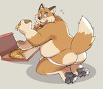 anthro belly butt clothing container food jockstrap kemono male overweight overweight_male pizza pizza_box pizza_slice simple_background solo surprised underwear ginnosuke canid canine canis domestic_dog mammal 2024 absurd_res hi_res