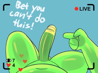 camera_view dialogue genitals gesture green_body green_penis hand_gesture heart_symbol livestream male penis pointing pointing_at_penis presenting presenting_penis recording solo text gemsum spit_(gemsum) goo_creature humanoid imp 2023 4:3
