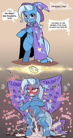 after_sex ahegao blue_body blue_hair blush bodily_fluids clothed clothing cum cum_from_vagina cum_in_vagina cum_inflation cum_inside dialogue eyelashes female genital_fluids genitals hair heart_symbol hooves horn inflation looking_pleasured moan pupils purple_clothing questionable_consent semi-anthro smile solo speech_bubble standing tally_marks text time_stop vulva cold-blooded-twilight friendship_is_magic hasbro instant_loss_2koma my_little_pony mythology trixie_(mlp) equid equine mammal mythological_creature mythological_equine unicorn 2025 english_text hi_res