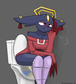 anthro black_body black_eyes black_fur blush bodily_fluids breasts clothed clothing ear_piercing eyelashes eyeshadow female floppy_ears forehead_gem fur gem genital_fluids halo makeup peeing piercing prosthetic prosthetic_leg prosthetic_limb relieved ribbons sighing simple_background sitting smile solo text toilet toilet_use urine urine_stream watersports wings notmypornaccount nine_sols red_candle_games goumang_(nine_sols) felid feline mammal solarian 2026 absurd_res digital_media_(artwork) hi_res