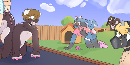 ambiguous_gender animal_mask animal_onesie anthro ball_of_yarn bdsm bell bell_collar clothing collar diaper doghouse group latex latex_clothing latex_skinsuit leash male mask mitts mouth_mask onesie outside park petplay plushie public pup_mask roleplay skinsuit tight_clothing yarn moopleplush nintendo pokemon moople_(moopleplush) animate_inanimate bovid canid canine canis caprine domestic_dog generation_4_pokemon goat humanoid hyena living_plushie lucario mammal mephitid pokemon_(species) satyr skunk absurd_res hi_res