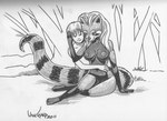 2011 absurd_res ailurid anthro breasts duo eye_contact female forest hi_res human looking_at_another male male/female mammal markings monochrome nipples nude outside plant red_panda ring_(marking) ringed_tail striped_markings striped_tail stripes susan_van_camp tail tail_markings traditional_media_(artwork) tree