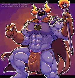3_fingers abs armor barazoku biceps big_muscles bottomwear cape claws clothed clothing fingers gloves handwear headgear helmet holding_object horn loincloth looking_at_viewer male muscular muscular_male not_furry orange_horn partially_clothed partially_clothed_male purple_body simple_background solo staff text ougon bandai_namco pac-man_(series) pac-man_world_(series) pac-man_world_2 spooky_(pac-man) ghost spirit 2025 digital_media_(artwork) hi_res url
