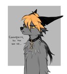 ambiguous_gender anthro collar ears_back fur grey_body grey_fur hair highlights_(coloring) jewelry long_ears mostly_nude narrowed_eyebrows necklace open_mouth pivoted_ears pointy_ears ponytail prick_ears simple_background solo standing text unimpressed reysi vi-bellum_(hyilpi) canid canine fox mammal 2022 digital_media_(artwork) half-length_portrait hi_res portrait russian_text translated male_(lore)