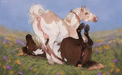 animal_genitalia animal_vulva bodily_fluids braided_hair butt duo equine_genitalia equine_vulva female female/female feral feral_on_feral fetlocks field flower fur furgonomic_piercing furgonomics genital_fluids genitals grass hair hooves horn looking_at_viewer looking_back looking_back_at_viewer lying meadow on_back on_ground piercing plant presenting presenting_hindquarters take_your_pick tan_body tan_fur tears teat_piercing teats vaginal_fluids vulva scarlanya mythology equid equine horse mammal mythological_creature mythological_equine unicorn hi_res