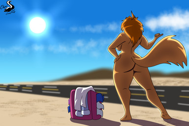 anthro breasts butt clothing cloud female hand_on_hip hitchhiking road solo sun chrisandcompany daryl_vecat domestic_cat felid feline felis mammal hi_res