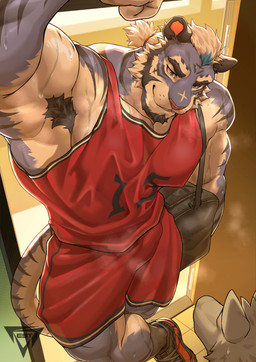 anthro arm_above_head armpit_hair basketball_uniform beard biceps black_hair blue_body blue_fur blue_highlights bodily_fluids body_hair bottomwear clothed clothing crossed_legs doorway duo facial_hair footwear fur gym_bag hair highlights_(coloring) logo male muscular muscular_anthro muscular_male pink_nose ponytail red_bottomwear red_clothing red_footwear red_jersey red_shirt red_shoes red_shorts red_sneakers red_tank_top red_topwear shirt shoes short_ponytail shorts sneakers solo sportswear standing striped_body striped_fur stripes sweat sweaty_body tail tank_top topwear uniform white_body white_fur white_hair estper bluedy_(estper) canid canine felid feline mammal pantherine tiger 2026 absurd_res artist_logo hi_res