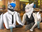 anthro blue_eyes blue_hair clothing curvy_figure detailed_background dinner dress duo ear_piercing female fingering fist glass hair male male/female open_mouth piercing restaurant romantic romantic_couple suit teasing water lucareelo amorous fan_character jye skye_(amorous) canid canine canis mammal wolf absurd_res hi_res