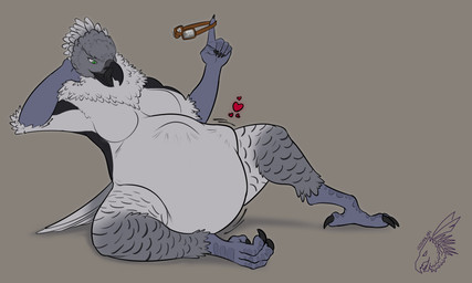 anthro beak belly big_belly breasts claws eyewear feathers feet female glasses green_eyes grey_background heart_symbol holding_object logo lying reclining simple_background solo talons toes vore zeanlain accipitrid accipitriform avian bird eagle harpy_eagle 2022 5:3 artist_logo colored digital_media_(artwork)
