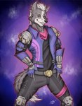 anthro armor biceps clothed clothing eyewear fur grey_body hair looking_at_viewer male muscular muscular_anthro muscular_male pose simple_background smile solo space tail taking_off_pants villainous pistacho nintendo star_fox super_smash_bros. wolf_o'donnell canid canine canis mammal wolf absurd_res hi_res pinup