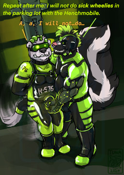 anthro bdsm black_collar bondage boots bound chain clothing collar duo facial_piercing footwear green_eyes male male/male nose_piercing nose_ring piercing pink_nose ring_piercing septum_piercing septum_ring shoes standing submissive submissive_anthro submissive_male text goatuna mammal mephitid skunk 2024 english_text hi_res