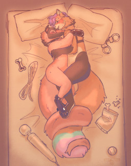 after_sex ambiguous_gender animal_mask anthro bdsm blush bodily_fluids breath clothing collar cuff_(restraint) dog_toy dog_treat entwined_tails gloves hair handcuffs handwear harness love loving_embrace loving_gaze mask metal_cuffs nude open_mouth panting panting_in_face pet_food petplay pup_mask puppyplay restraints roleplay romantic romantic_couple rope smile sweat tail tail_coil text cowcollar ailurid mammal red_panda squirmle hi_res nonbinary_(lore)