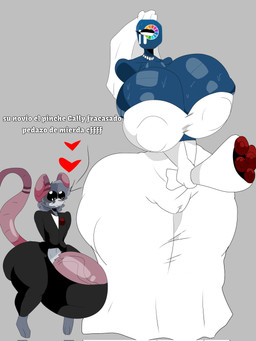 anthro big_breasts big_penis blue_body breasts camel_toe clothing dress duo female genitals grey_body heart_symbol huge_breasts huge_penis male penis text wedding_clothing wedding_dress wannapossums ibispaint_(copyright) rutfer_j._randtex mammal murid murine rat rodent 3:4 hi_res spanish_text translated