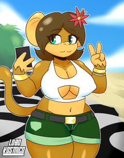 anthro beach big_breasts breasts brown_body brown_fur brown_hair cellphone clothed clothing curvy_figure detailed_background electronics female fur gesture hair hand_gesture holding_object outside phone sand seaside selfie sky smile solo thick_thighs topwear v_sign lobokosmico lana_banana_(felino) ape haplorhine mammal monkey primate 2021 absurd_res digital_drawing_(artwork) digital_media_(artwork) hi_res signature
