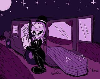 anthro big_shoes car cartoon_gloves cigar clock clothing coffin field for_a_head gangster gloves grass handwear hearse holidays knocking lighting_cigar male match moon pie_cut_eyes plant pocketwatch rubberhose simple_background smoking solo star tire toony vehicle watch crazy_8_animations halloween mr._big_sleep humanoid object_head shaded simple_shading