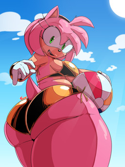 anthro ball beach_ball big_breasts big_butt bikini bottom_pov breasts butt butt_focus clothing female gold_bikini inflatable looking_at_viewer low-angle_view pose solo sunny swimwear thick_thighs two-piece_swimsuit under_boob wide_hips tascom golden_week sega sonic_the_hedgehog_(series) amy_rose eulipotyphlan hedgehog mammal absurd_res hi_res pinup