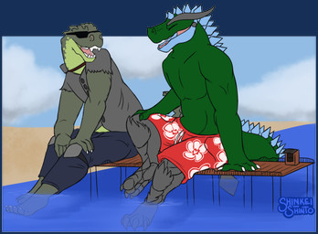 anthro bottomwear casual_clothing chatting clothing duo eyewear horn macro male seaside shorts spines sunglasses sunglasses_on_face tail wearing_sunglasses shinkei_shinto_(artist) docodile grockle crocodile crocodilian dinosaur kaiju ornithischian prehistoric_species reptile scalie stegosaurian thyreophoran alpha_channel
