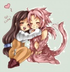 brown_hair dialogue duo female fur hair heart_symbol hug male male/female pink_body pink_fur pink_hair romantic romantic_couple tail text trance rueme final_fantasy final_fantasy_ix square_enix garnet_til_alexandros_xvii zidane_tribal humanoid tailed_humanoid english_text low_res