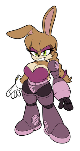 anthro big_breasts braided_hair braided_ponytail breasts brown_body brown_hair clothing cybernetic_arm cybernetic_leg cybernetic_limb eyelashes female gloves green_eyes hair handwear ponytail smile solo tan_body thick_thighs wide_hips omegasunburst sega sonic_the_hedgehog_(series) bunnie_rabbot lagomorph leporid mammal rabbit 2026 hi_res