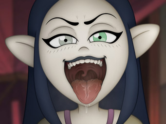 blue_hair bodily_fluids drooling female gaping_mouth hair heterochromia humanoid_pointy_ears looking_at_viewer mouth_shot not_furry open_mouth pointy_ears presenting_mouth saliva saliva_on_tongue solo taste_buds tongue tongue_out uvula vambre_(artist) disney the_owl_house lilith_clawthorne humanoid witch_(the_owl_house) 2025 4:3 hi_res