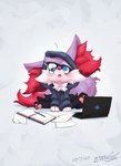 anthro blue_eyes book clothed clothing computer dizzy electronics freckles hoodie laptop pencil_(object) sitting solo tired topwear gingy_k_fox nintendo pokemon pokemon-specific_day gingy_(gingy_k_fox) braixen canid canine generation_6_pokemon mammal pokemon_(species) shiny_pokemon hi_res