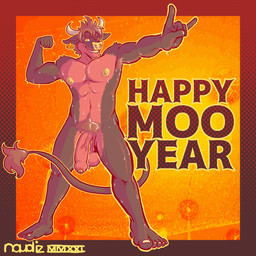 5_toes abs anthro armpit_hair ball_tuft balls big_balls big_penis bodily_fluids body_hair bottomwear clothing devil_horns_(gesture) ear_piercing ear_tag facial_piercing feet flaccid flexing foreskin genitals gesture glans hand_gesture holidays horn humanoid_genitalia humanoid_penis looking_at_viewer male muscular muscular_male navel nipples nose_piercing nude one_eye_closed pecs penis piercing plantigrade pubes saggy_balls septum_piercing solo sweat tail tail_tuft text toes toestuft tuft unretracted_foreskin vein veiny_penis wink yellow_glans yellow_nipples naudiz_(artist) new_year kabob_(dragonkabob) bovid bovine cattle mammal 1:1 absurd_res english_text hi_res