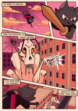 ambiguous_gender anthro building cloud duo female fur grey_body grey_fur melee_weapon sword text text_box weapon yellow_eyes ezra_rose maggie_the_cat_who_fights_demons maggie_the_cat demon domestic_cat felid feline felis mammal comic english_text hi_res