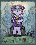 anthro blue_eyes bow_ribbon clothing dress_shirt female forest fur neckwear plant purple_body purple_fur shirt sitting solo taking_notes teal_body topwear tree writing_text deidad_dissitum pretty_blood nono_(pretty_blood) bear malino mammal 4:5 animated short_playtime