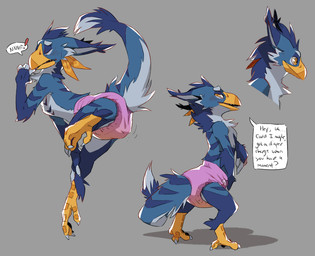 anthro beak biped blue_body blue_feathers blush bodily_fluids clothed clothing dialogue diaper embarrassed eyes_closed feathers feces genital_fluids grey_background pink_diaper pooping side_view simple_background soiled_diaper soiling soiling_diaper solo speech_bubble text unclean_diaper urine used_diaper using_diaper wearing_diaper wet_diaper crackajackin fethyr_(character) avian 2017 digital_media_(artwork) english_text multiple_images